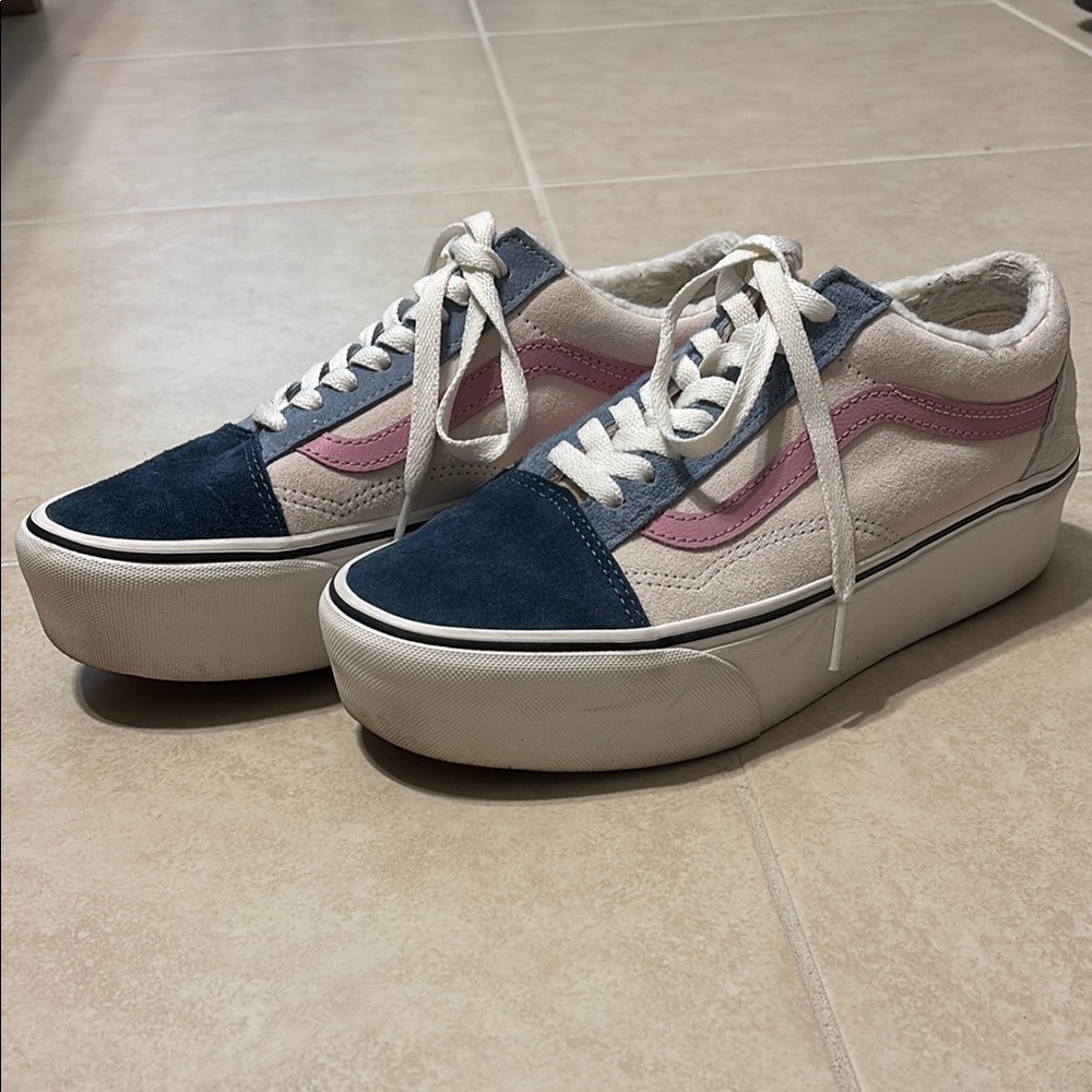 Vans Blue and Pink Platform Sneakers with Jazz Stripe